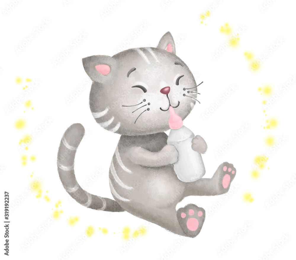 cartoon little cat with child bottle cartoon little cat with child bottle
