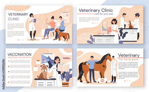 Veterinary clinic brochure, vet center booklet, vector illustration. Animal doctor in medical center, professional veterinarian website design. People and pets in animal clinic, cute cartoon character