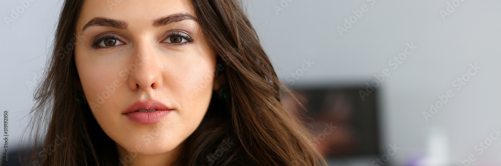 Beautiful smiling girl at workplace look in camera portrait. White collar dress code worker at workspace job offer modern office lifestyle client visit study profession boss market idea coach train Beautiful smiling girl at workplace look in camera portrait. White collar dress code worker at workspace job offer modern office lifestyle client visit study profession boss market idea coach train