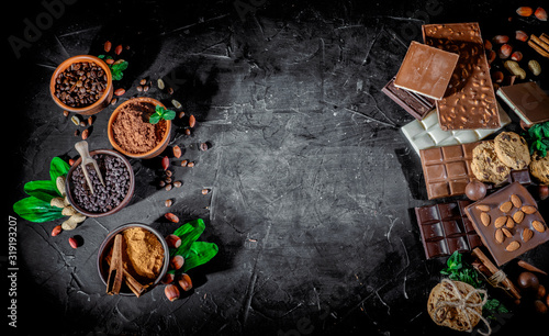 Set of chocolate with nuts, herbs, shavings and cocoa beans on dark background