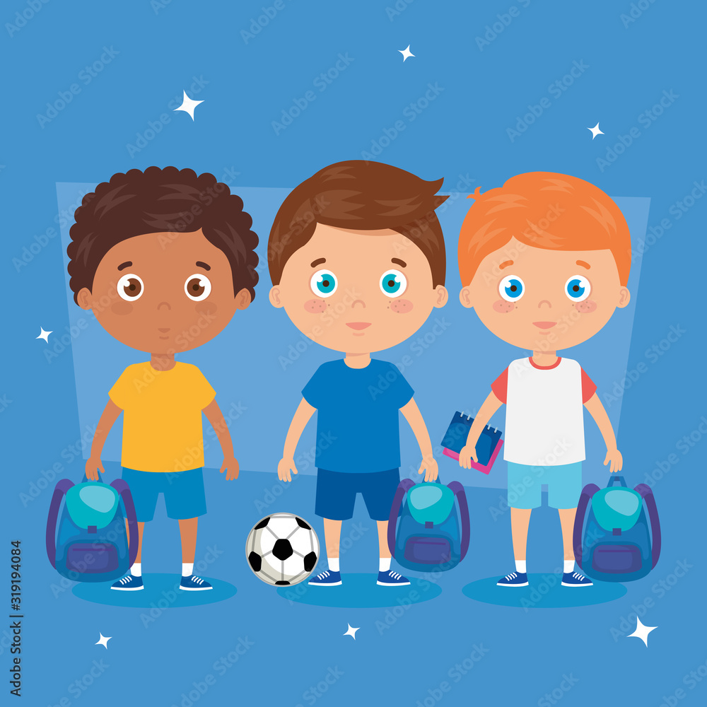 little boys with school bags and soccer ball vector illustration design
