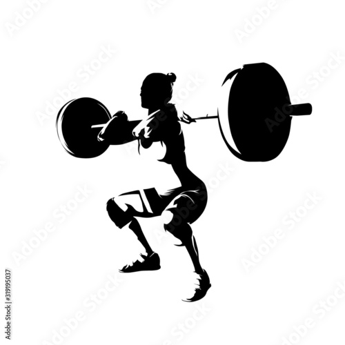 Squats, woman lifts big barbell, isolated vector silhouette. Ink drawing