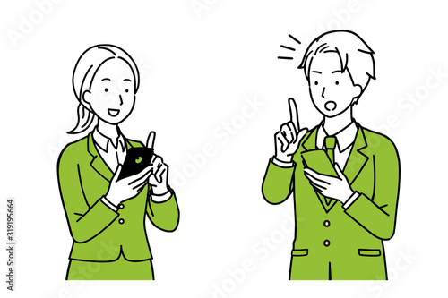 Illustration of a man and a woman having a conversation while holding a smartphone.