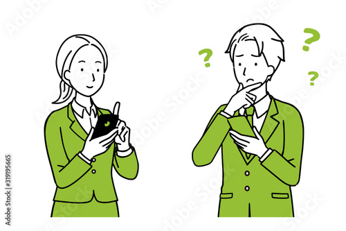 Illustration of a man and a woman having a conversation while holding a smartphone.