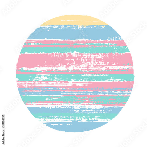 Abrupt circle vector geometric shape with stripes texture of ink horizontal lines. Old paint texture disc. Stamp round shape logotype circle with grunge stripes background.