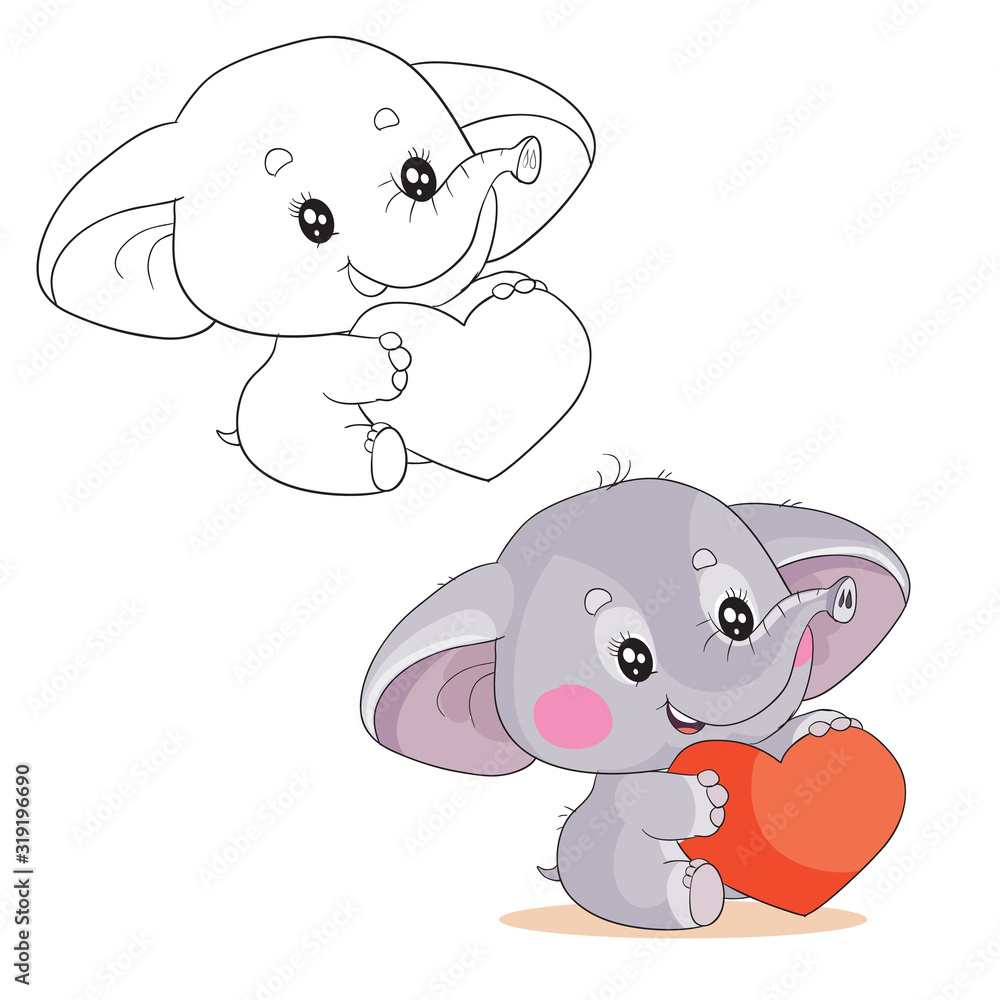 Naklejka premium set of cute little elephant holding a big red heart and wants to give it as a sign of love in color and outline,