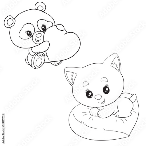 outline set of a panda with a big heart and a kitten sitting on a heart-shaped pillow in an isolated object on a white background,