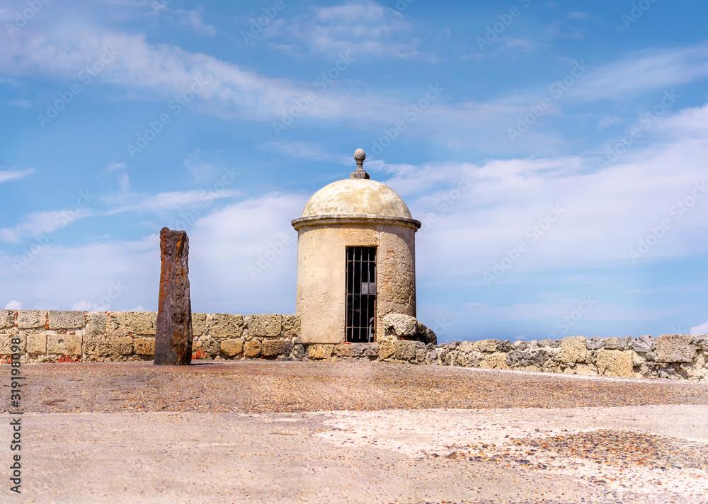 Colored colonial check point in the wall of Cartagena Colombia