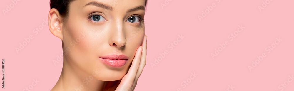 panoramic shot of attractive young woman with perfect skin, isolated on pink - obrazy, fototapety, plakaty 