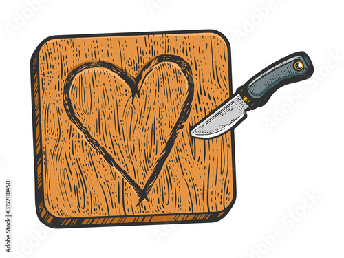 Heart symbol carved with knife in wood sketch engraving vector illustration. Romantic love lovesickness symbol. T-shirt apparel print design. Scratch board imitation. Black and white hand drawn image.
