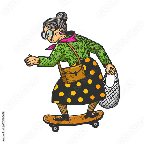 Old woman grandmother rides on skateboard sketch engraving vector illustration. T-shirt apparel print design. Scratch board imitation. Black and white hand drawn image.