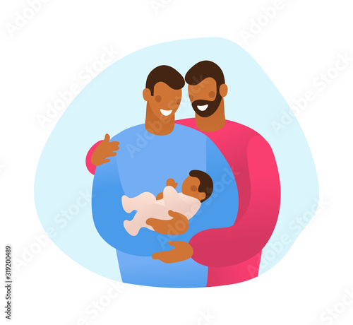 LGBT family hugs their child. Male gay couple with a son. A simple card about several generations, a grandson, a son and a grandfather. Flat vector illustration.