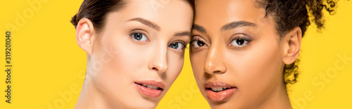 panoramic shot of multiethnic women with perfect skin, isolated on yellow