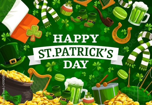 Patricks Day vector frame of green shamrock, leprechaun hat and pot of gold, clover leaves, golden coins and Irish flag, lucky horseshoe, beer mug and drum. Religion holiday of Ireland design