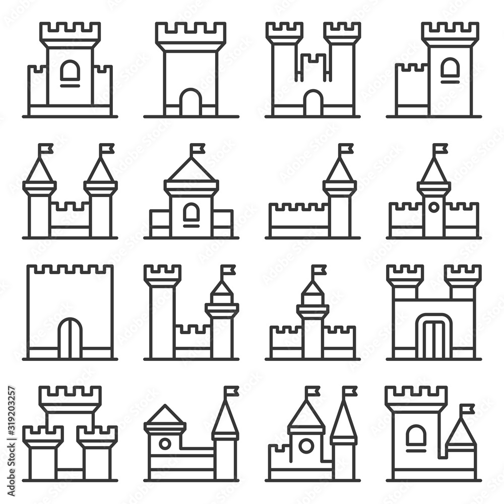 Castle Icon Set on White Background. Line Style Vector