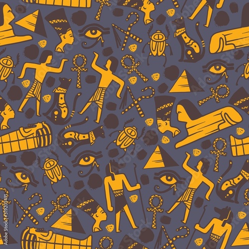 Ancient Egypt icons in seamless pattern, vector illustration. Wrapping paper with symbols of old Egyptian civilization artifacts. Flat style emblems of mummy sarcophagus, sphinx, mythical Egyptian god