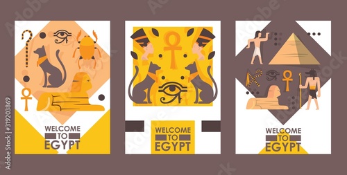 Welcome to Egypt promotional banner, vector illustration. Travel agency booklet template, sightseeing tour brochure. Symbols of Egyptian culture and history in flat style, pyramid, sphinx and cat