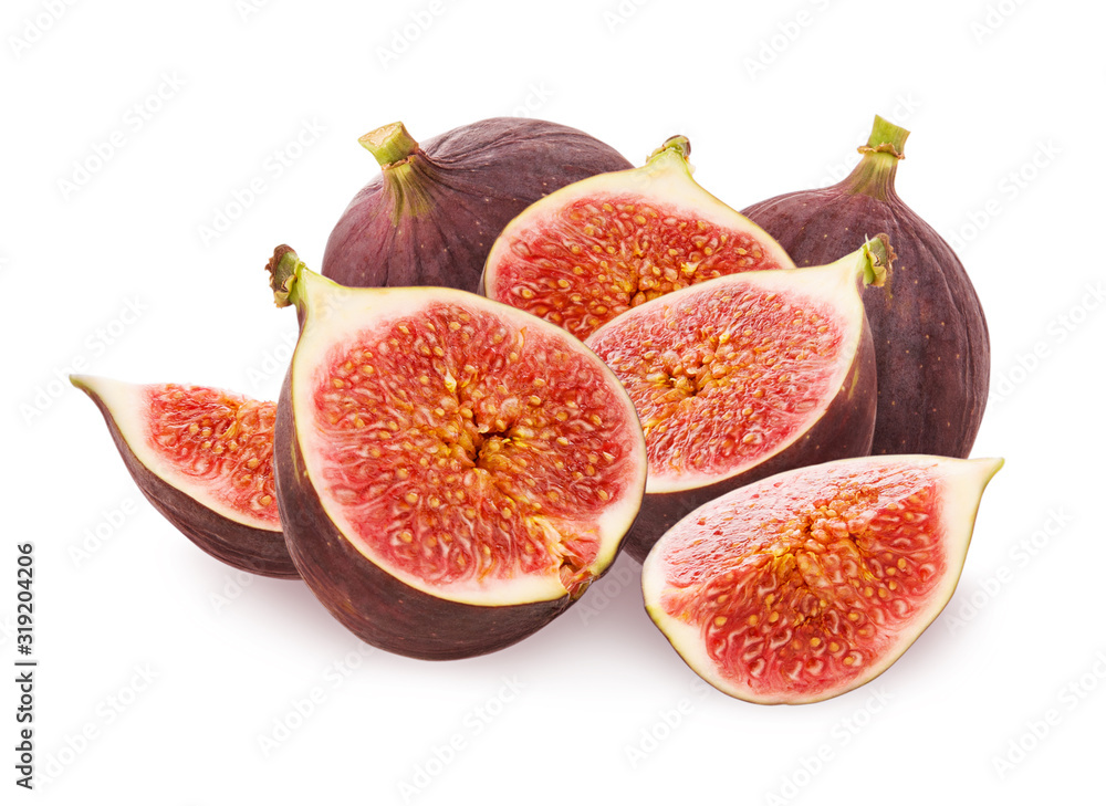 Figs isolated.Fig whole ripe fruit or berry group and cut  juicy slice and half with seeds and pulp isolated on white background.