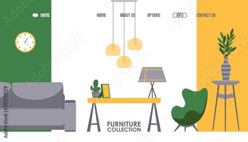 Furniture store website design, vector illustration. Landing page template interior accessories shop. Modern furniture for living room, comfortable apartment, cozy home. Couch, chair, table and lamp