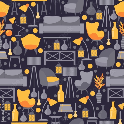 Furniture icons in seamless pattern, vector illustration. Flat style emblems of couch, chair, table, lamp. Modern furniture collection for living room, comfortable apartment, cozy home. Wrapping paper