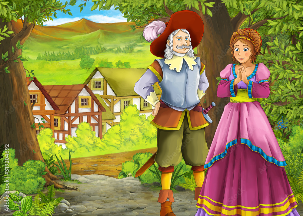 cartoon summer scene with path to the farm village with prince and princess