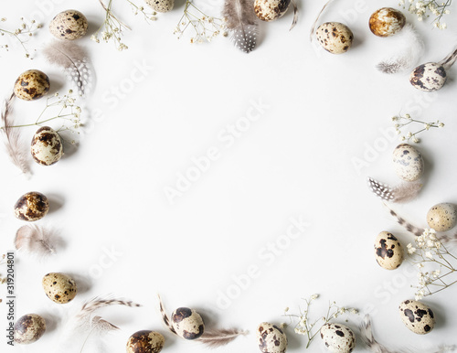 Easter creative frame from Quail eggs, white flowers and various feathers on a white background. Top view