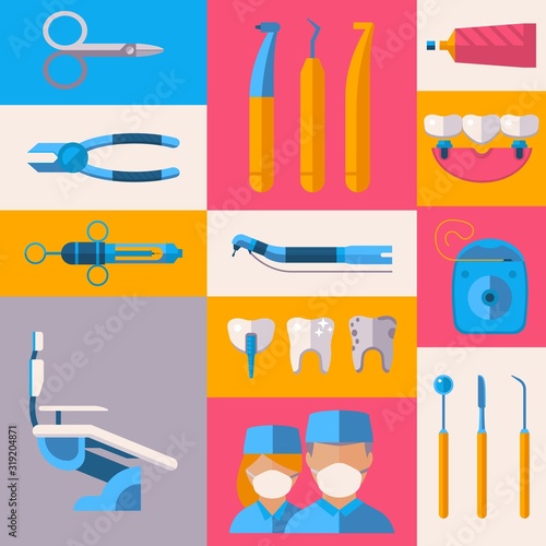 Oral hygiene tools dental equipment, medical instruments vector illustration. Set of flat style icons and stickers in colorful collage. Dental care items, stomatology instruments, dentistry healthcare