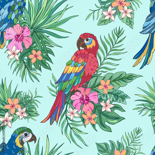 Vector trendy seamless pattern with parrots, palm leaves, hibiscus and plumeria. Summer decoration print for wrapping, wallpaper, fabric. Seamless vector texture. Tropical bouquet flowers.