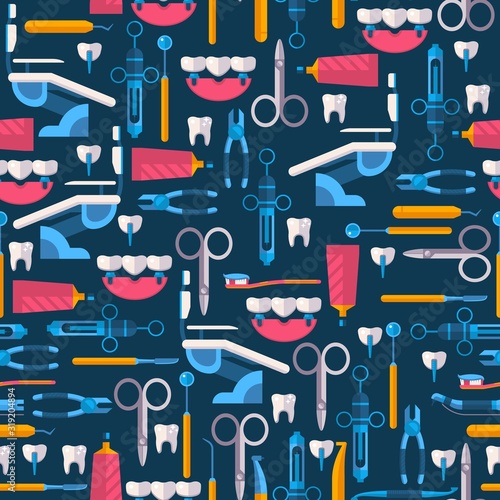 Dental equipment and oral hygiene tools in seamless pattern vector illustration. Isolated flat style icons of dental care items, stomatology instruments dentistry healthcare. Print for paper or fabric