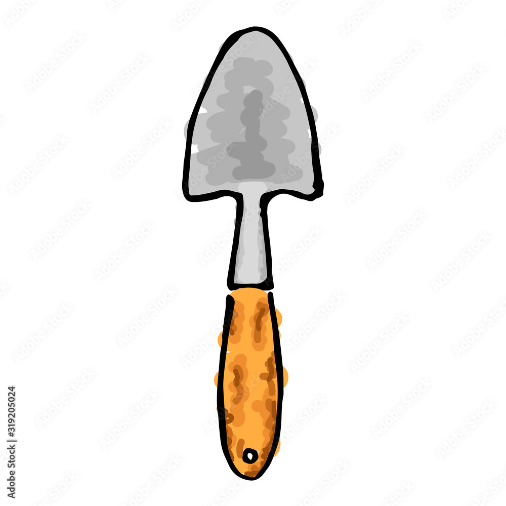 Garden shovel colorful hand drawing on white background.