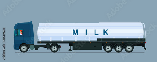 Milk carrier with driver isolated. Vector flat style illustration.