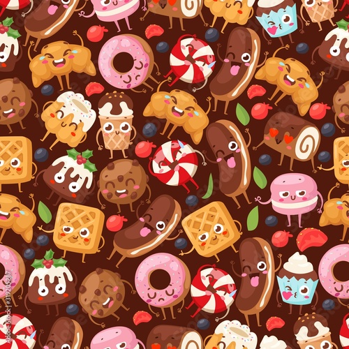 Bakery seamless pattern with funny cartoon characters vector illustration. Wrapping paper for desserts, sweet food mascot. Ice cream, croissant, donut, cake and cookie. Bakeshop pastry products cafe