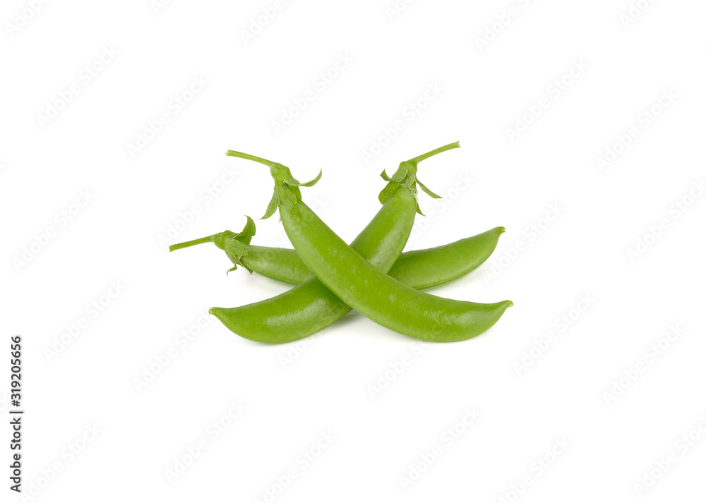 whole fresh sugar snap peas with stem on white background