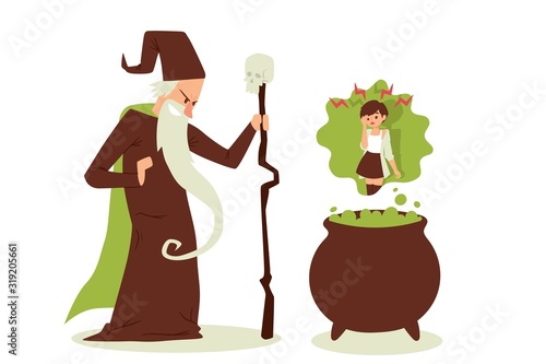 Evil sorcerer cast spell on woman, old wizard with beard and staff, vector illustration. Magic potion boiling in cauldron, evil wizard causes girl headache. Powerful spell, sorcery and magic potion
