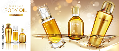 Body oil cosmetics bottles mockup banner. Beauty cosmetic product line for skin moisturizing and treatment on blurred golden background. Advertising promo for magazine. Realistic 3d vector, ad banner