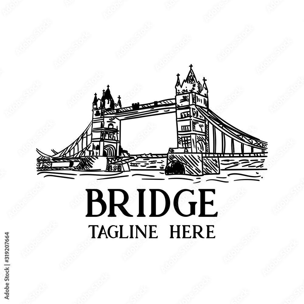 Tower Bridge handmade illustration or vector. Beautiful landmark across river. London Tower Bridge across Thames, located near Tower of London.