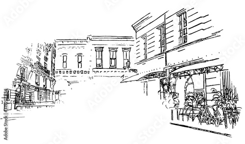 Photography street sketch made in pencil.flat black and white design.