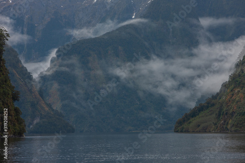 Doubtful Sound. Fiordland. New Zealand. Clouds mountains