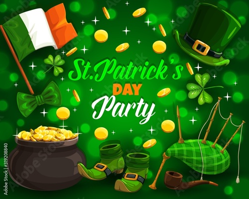 Patricks day party and holiday attributes on green. Vector flag of Ireland, leprechauns hat and shoes, bagpipe and smoking pipe. Rain of golden coins and shamrock leaves, pot with treasures