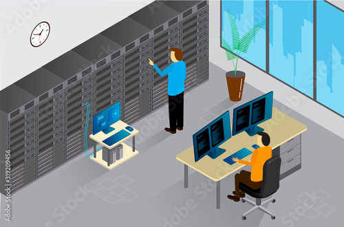 Isometric Vector Illustration diagnostic test in a server computer room. Server test in room. Servers being tested in room. Technology communication . 