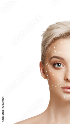 Beautiful female face with lifting up arrows isolated on white background. Concept of bodycare, cosmetics, skincare, correction surgery, beauty and perfect skin. Copyspace for your ad. Antiaging.
