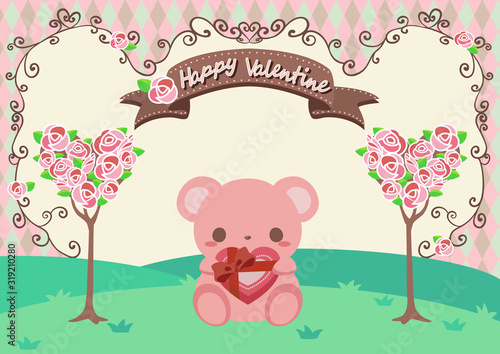 バレンタインのイラスト/ハート型のバラとクマ/文字有り