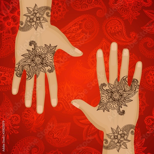 Mehendi hands oriental floral ornament in indian mehndi style on red background, vector illustration. Henna mehndi floral design on body and hands studio poster.