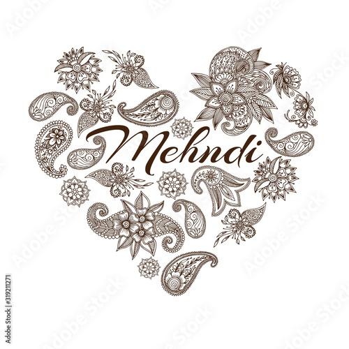 Mehendi oriental floral ornament in indian mehndi style in heart shape, vector illustration. Abstract henna mehndi floral design heart on white background poster.