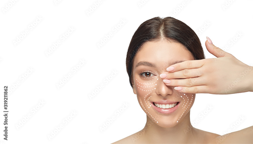 Beautiful female face with lifting up arrows isolated on white background. Concept of bodycare, cosmetics, skincare, correction surgery, beauty and perfect skin. Flyer for your ad. Antiaging. Beautiful female face with lifting up arrows isolated on white background. Concept of bodycare, cosmetics, skincare, correction surgery, beauty and perfect skin. Flyer for your ad. Antiaging.
