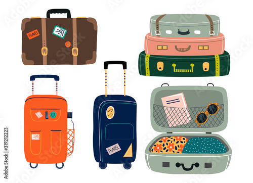 Set of Isolated Suitcases with wheels. Travel bags with various stickers.Hand drawn vector illustration in flat cartoon style.