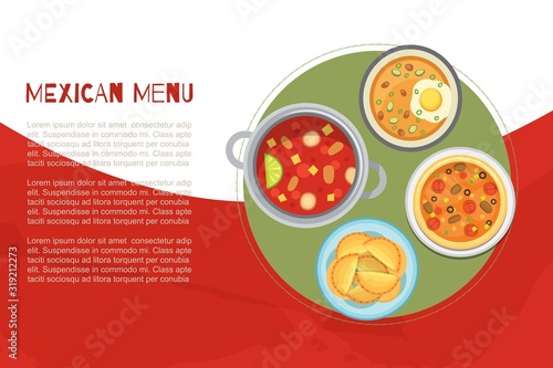 Mexican menu and national cuisine poster with traditional meal, hot soups, burrito top view vector illustration. Mexican cuisine hot soups, burrito and second dishes poster.