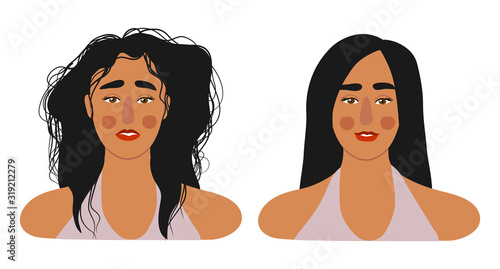 Faces of girls with long hair, with shaggy and combed. Isolated on white flat vector illustration.