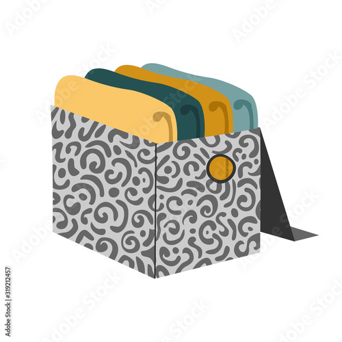 Box with folded sweater and pullover for organizing order and storage in the closet isolated on white background. Vector illustration