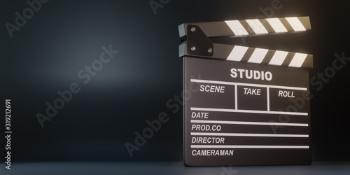 Clapperboard on black background. Minimalist creative concept. Cinema, movie, entertainment concept. 3d render illustration photo